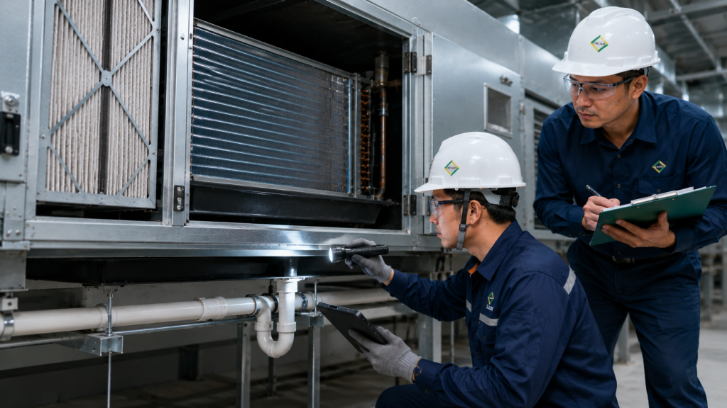 cek drain pan dan jalur drain AHU FCU untuk mencegah bocor air dan bau