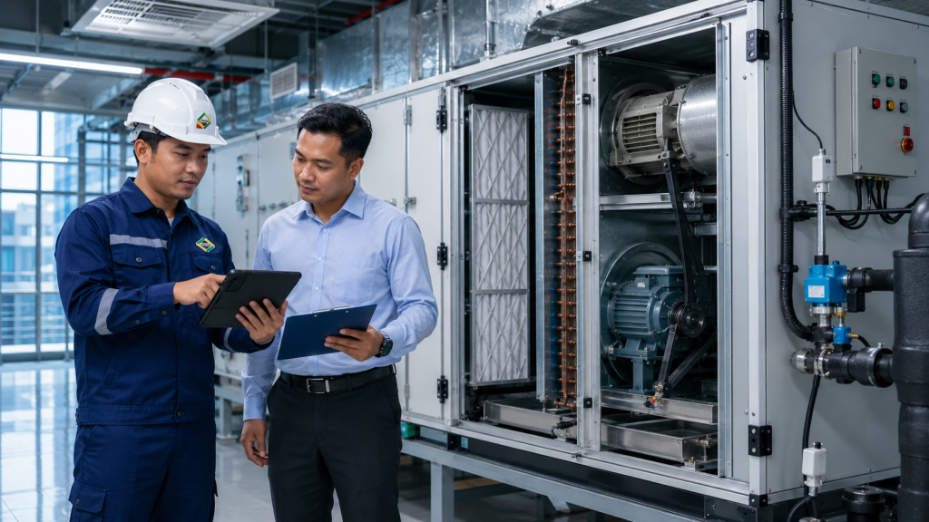 evaluasi AHU dan FCU CIKAMI untuk cleaning repair replacement retrofit sistem HVAC gedung