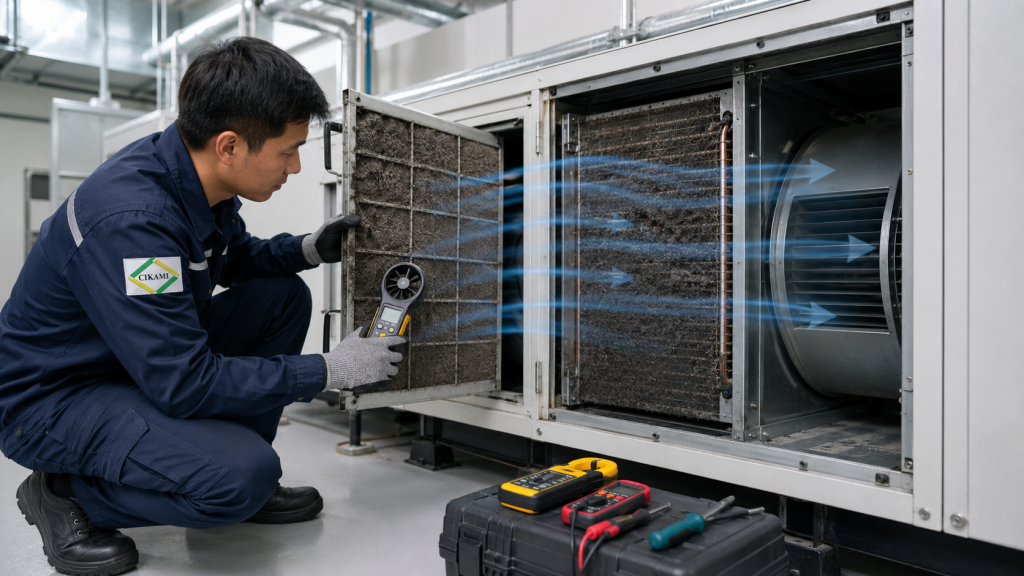 filter coil kotor dan airflow turun membuat AC gedung boros listrik