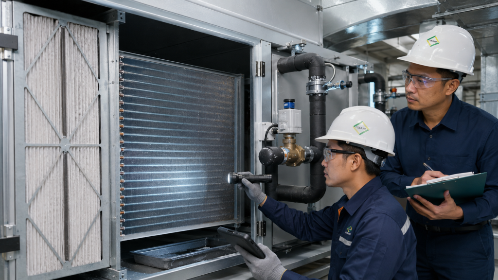cek filter dan cooling coil AHU FCU untuk menjaga airflow dan pendinginan ruangan