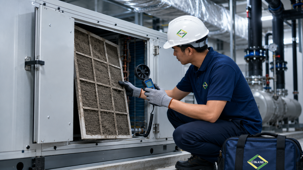 filter kotor pada AHU dan FCU membuat airflow turun
