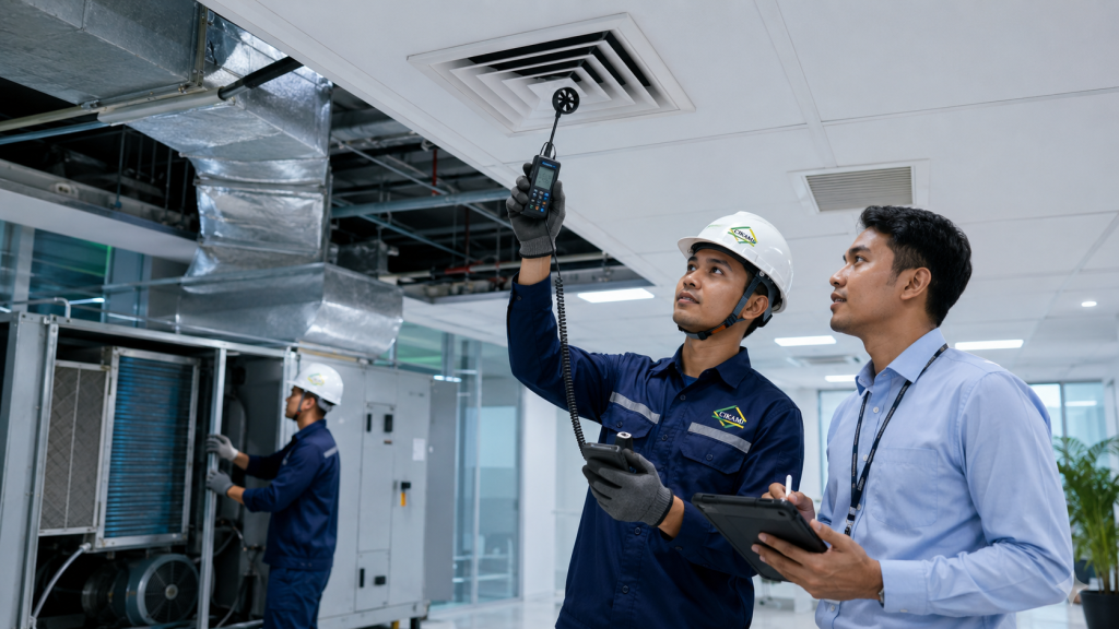 pengukuran airflow diffuser gedung dengan anemometer untuk balancing udara