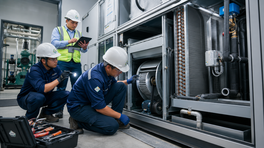 checklist AHU FCU untuk maintenance AC gedung filter coil blower drain valve dan sensor