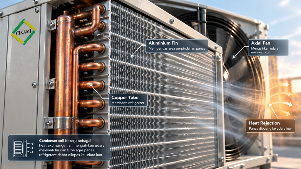 airflow melalui condenser coil outdoor dan condenser fan HVAC