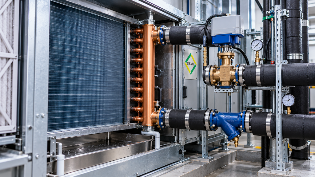 chilled water cooling coil AHU dengan control valve dan piping