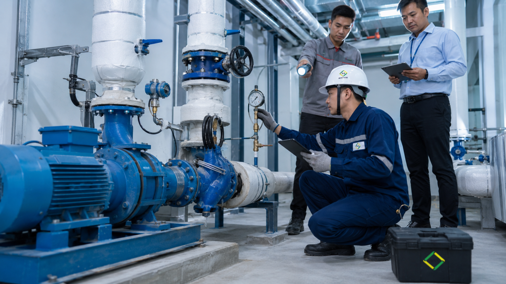 checklist chilled water flow untuk maintenance AC gedung pump valve strainer pressure dan flow