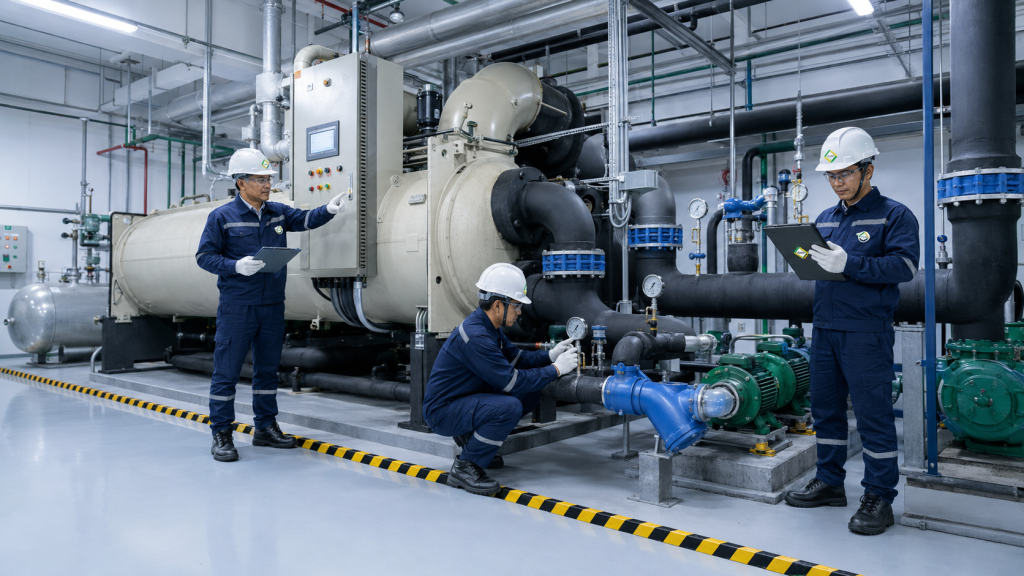 checklist chiller plant untuk maintenance AC gedung chiller pump valve strainer sensor dan control system