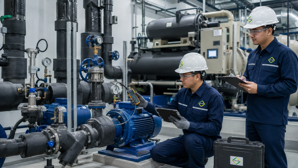 maintenance chiller plant untuk cek pump valve strainer chilled water flow dan control system