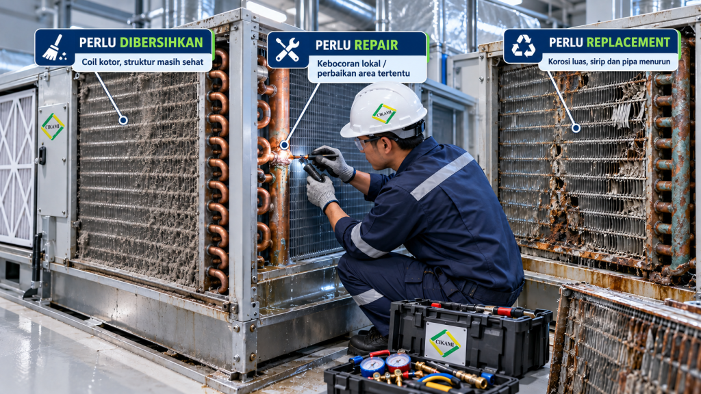perbandingan cleaning repair dan replacement evaporator coil AHU