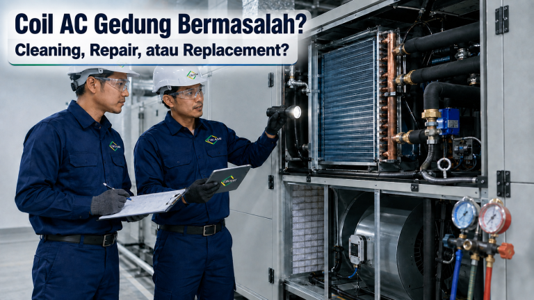coil AC gedung bermasalah perlu evaluasi cleaning repair replacement AHU FCU airflow dan chilled water flow