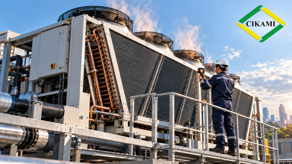 teknisi memeriksa condenser coil dan heat rejection air cooled chiller