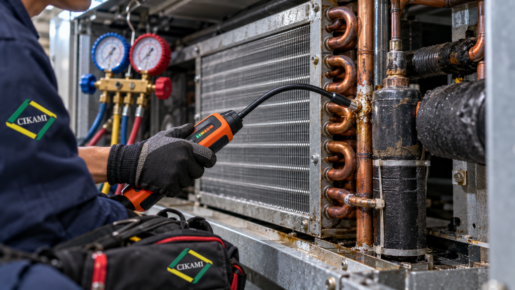 pemeriksaan kebocoran DX coil AHU dengan refrigerant leak detector