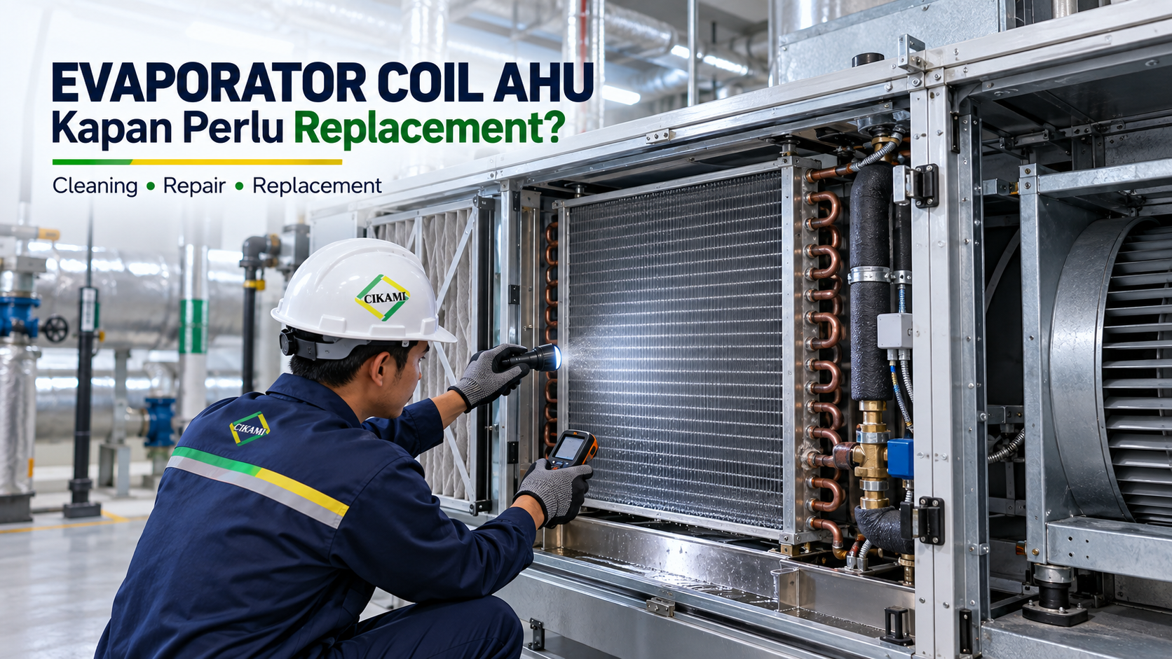 evaporator coil AHU diperiksa sebelum repair atau replacement