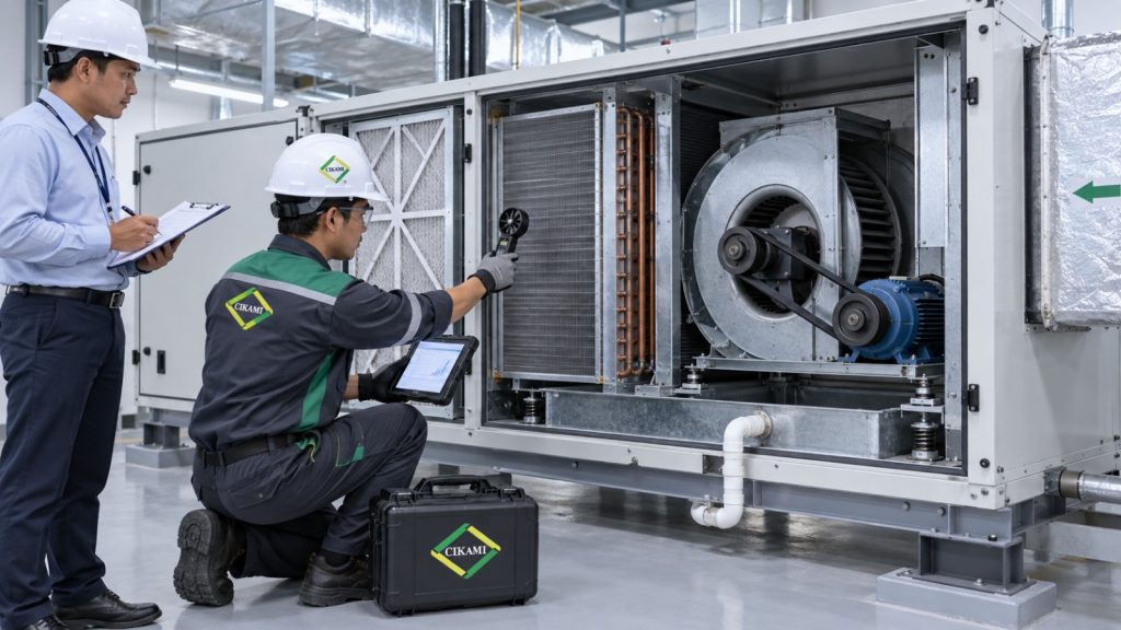 cek filter airflow dan coil AHU FCU saat performa AC gedung turun