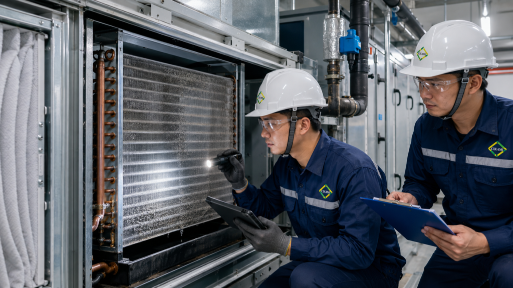 inspeksi finned tube coil AC gedung untuk cek fin rusak korosi bocor dan drain pan