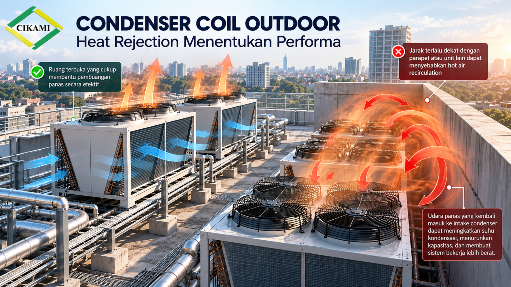 hot air recirculation pada condenser coil outdoor di rooftop gedung