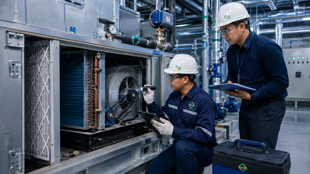 maintenance AHU FCU AC gedung untuk cek filter coil blower drain valve dan sensor