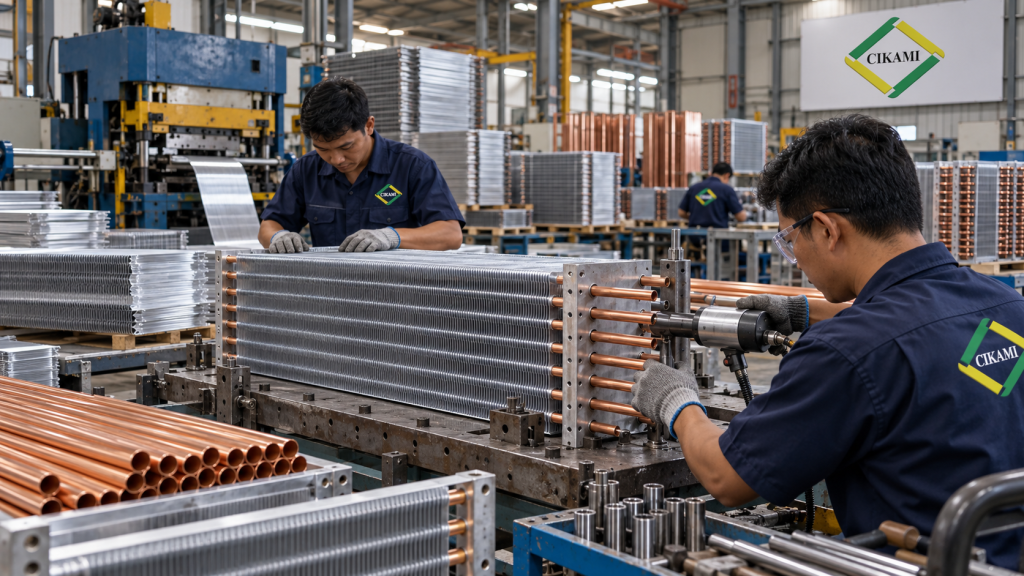 proses fabrikasi cooling coil HVAC dengan aluminium fin dan copper tube