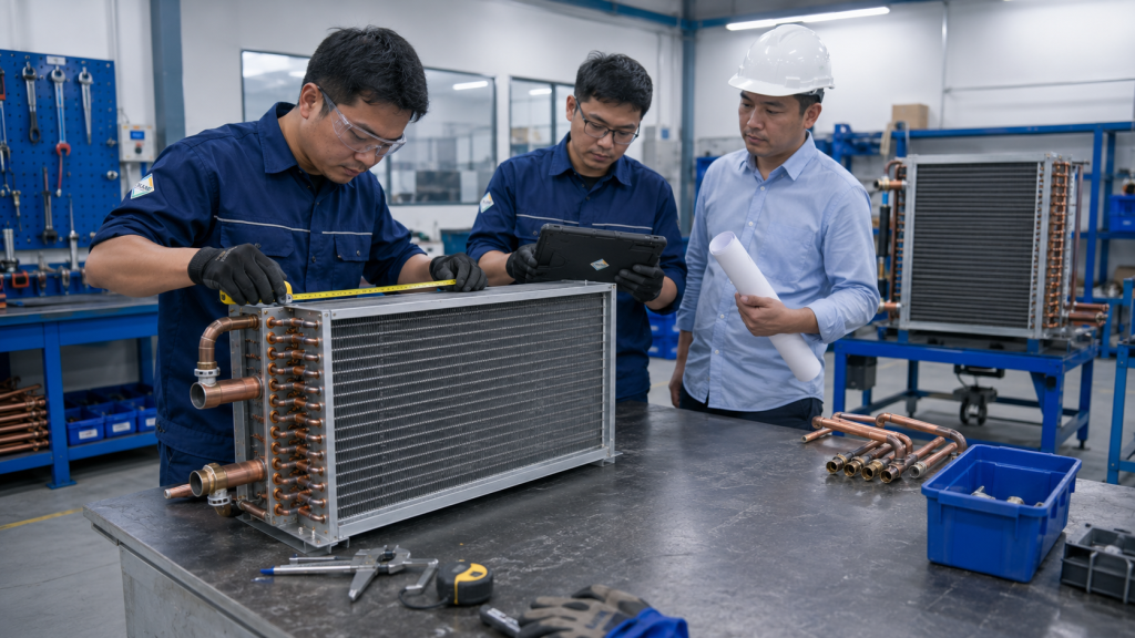 replacement coil planning untuk maintenance AC gedung berdasarkan dimensi row fin header dan koneksi pipa