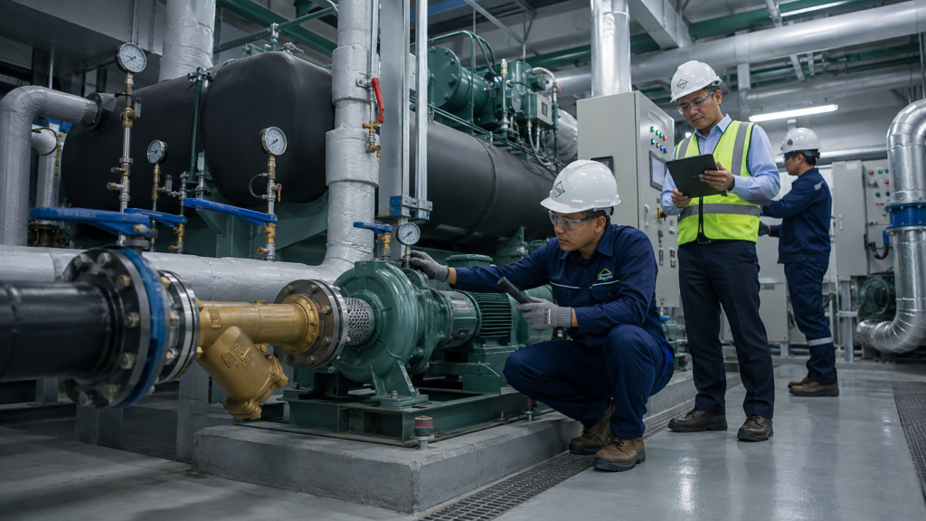 service contract HVAC gedung untuk maintenance chiller plant pump valve strainer dan chilled water flow