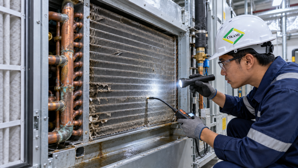 tanda evaporator coil AHU bermasalah seperti korosi dan fin rusak