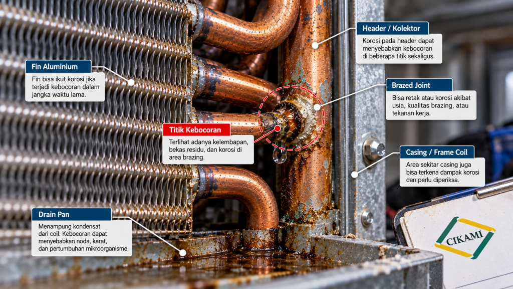 titik kebocoran coil AHU pada header atau U-bend
