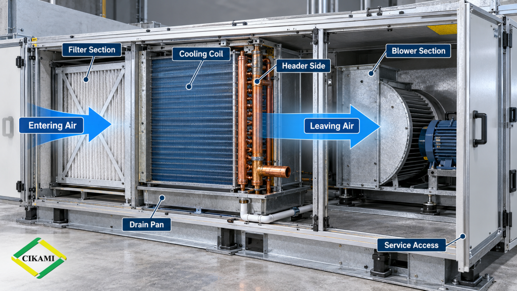 arah airflow dan orientation cooling coil pada AHU