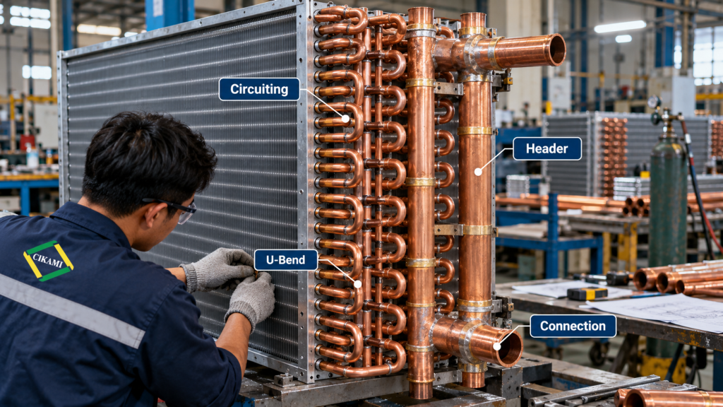 circuiting U-bend dan header pada fabrikasi coil HVAC