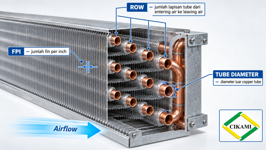 row FPI dan tube diameter pada replacement coil HVAC